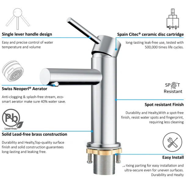 Single Handle Solid Brass Bathroom Basin Faucet (Model: iKON-AB000005)