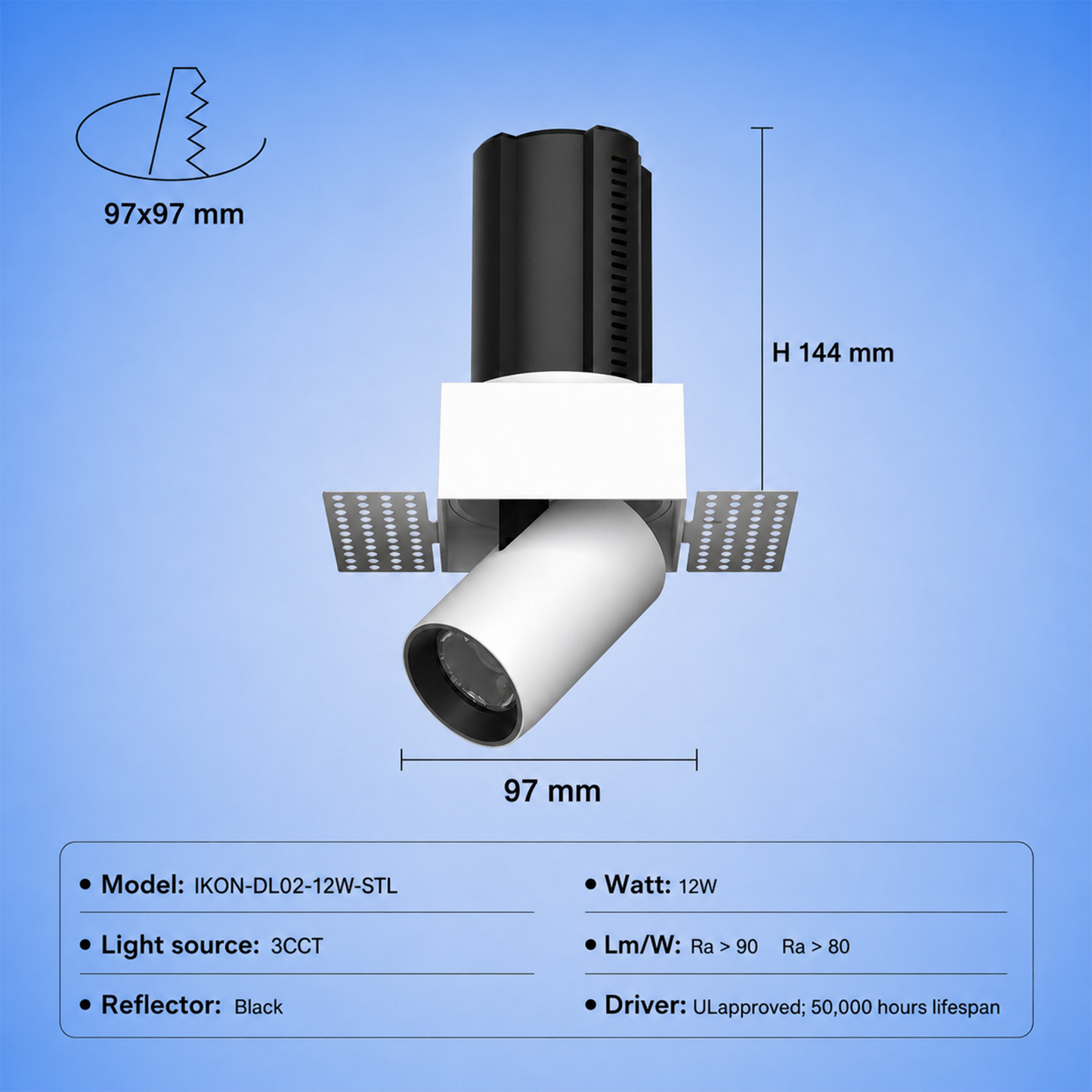 Square Trimless stretchable spotlight IKON-DL02-12W-STL