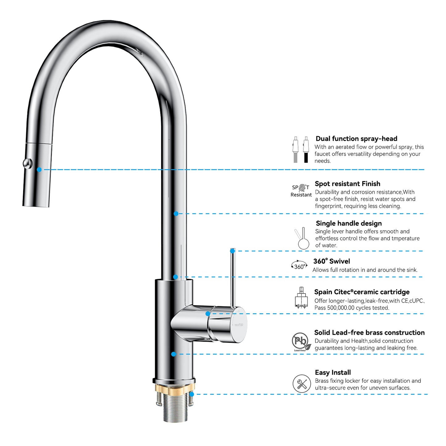 Single Handle High-Arc Solid Brass Pull-Down Kitchen Faucet (Model: iKON-KFB1059)